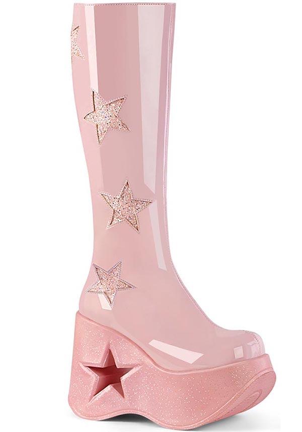 DYNAMITE-218 [Baby Pink Pat] | PLATFORM BOOTS [PREORDER] - Beserk - all, boots, boots [preorder], clickfrenzy15-2023, demonia, demonia shoes, discountapp, fp, googleshopping, knee high boots, labelpreorder, labelvegan, long boots, pastel goth, pastel pink, pink, platform, platform boots, platforms, platforms [preorder], ppo, preorder, shoes, star, vegan