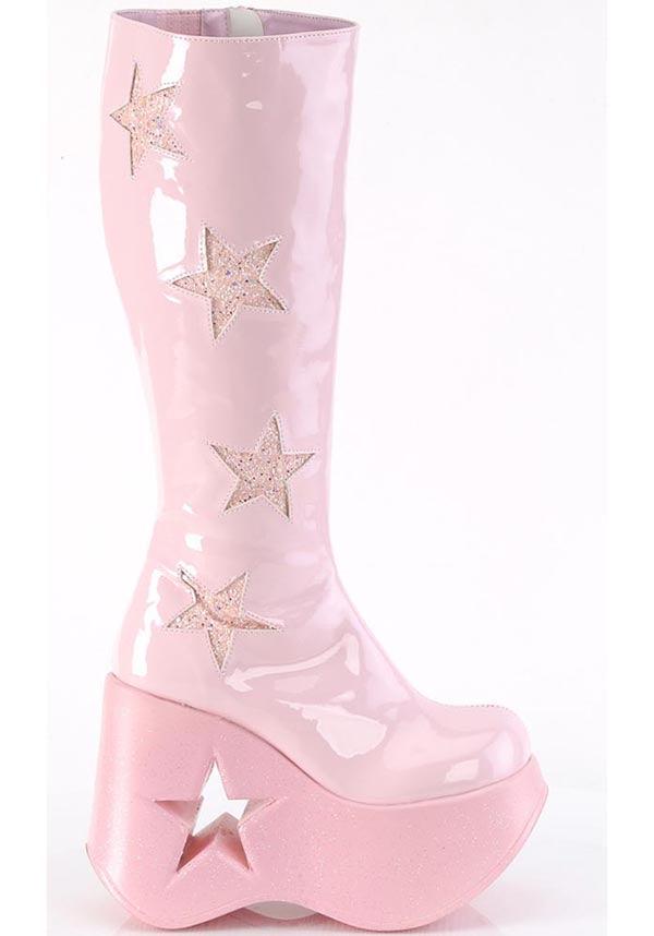 DYNAMITE-218 [Baby Pink Pat] | PLATFORM BOOTS [PREORDER] - Beserk - all, boots, boots [preorder], clickfrenzy15-2023, demonia, demonia shoes, discountapp, fp, googleshopping, knee high boots, labelpreorder, labelvegan, long boots, pastel goth, pastel pink, pink, platform, platform boots, platforms, platforms [preorder], ppo, preorder, shoes, star, vegan