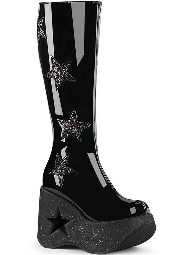 DYNAMITE-218 [Patent Black/Glitter] | PLATFORM BOOTS [PREORDER] - Beserk - all, black, boots, boots [preorder], clickfrenzy15-2023, demonia, demonia shoes, discountapp, fp, knee high boots, labelpreorder, labelvegan, long boots, platform boots, platforms, platforms [preorder], ppo, preorder, shoes, star, stars, vegan