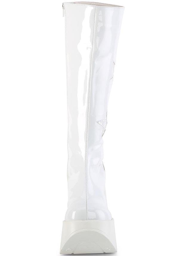 DYNAMITE-218 [White Pat] | PLATFORM BOOTS [PREORDER] - Beserk - all, boots, boots [preorder], clickfrenzy15-2023, demonia, demonia shoes, discountapp, fp, googleshopping, knee high boots, labelpreorder, labelvegan, long boots, platform, platform boots, platforms, platforms [preorder], ppo, preorder, shoes, star, vegan, white