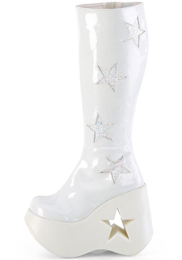 DYNAMITE-218 [White Pat] | PLATFORM BOOTS [PREORDER] - Beserk - all, boots, boots [preorder], clickfrenzy15-2023, demonia, demonia shoes, discountapp, fp, googleshopping, knee high boots, labelpreorder, labelvegan, long boots, platform, platform boots, platforms, platforms [preorder], ppo, preorder, shoes, star, vegan, white