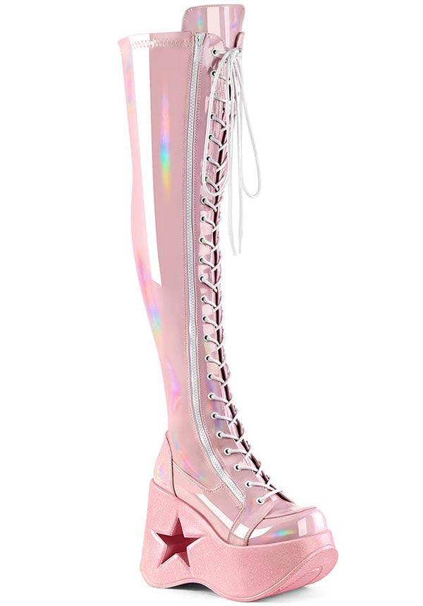 DYNAMITE-300 [Baby Pink Holo] | PLATFORM BOOTS [PREORDER] - Beserk - all, boots, boots [preorder], clickfrenzy15-2023, demonia, demonia shoes, discountapp, fp, googleshopping, holo, holographic, knee high boots, labelpreorder, labelvegan, long boots, pastel pink, pink, platform, platform boots, platforms, platforms [preorder], ppo, preorder, shoes, star, thigh high boots, vegan