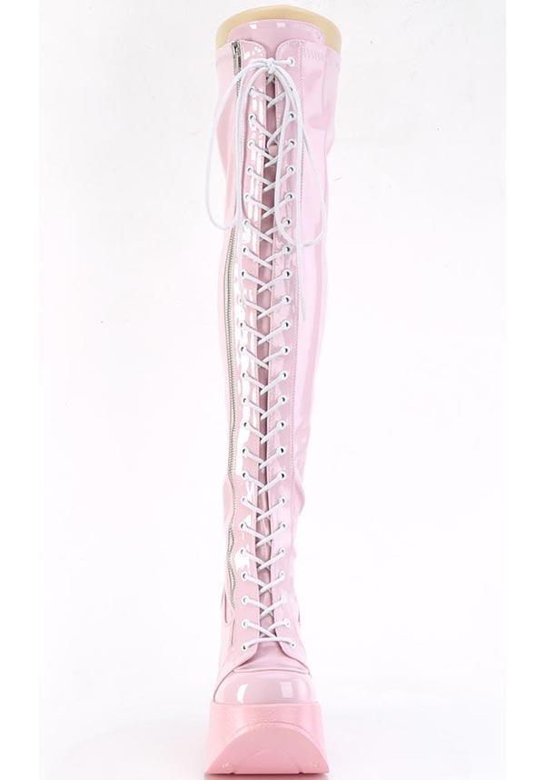 DYNAMITE-300 [Baby Pink Holo] | PLATFORM BOOTS [PREORDER] - Beserk - all, boots, boots [preorder], clickfrenzy15-2023, demonia, demonia shoes, discountapp, fp, googleshopping, holo, holographic, knee high boots, labelpreorder, labelvegan, long boots, pastel pink, pink, platform, platform boots, platforms, platforms [preorder], ppo, preorder, shoes, star, thigh high boots, vegan