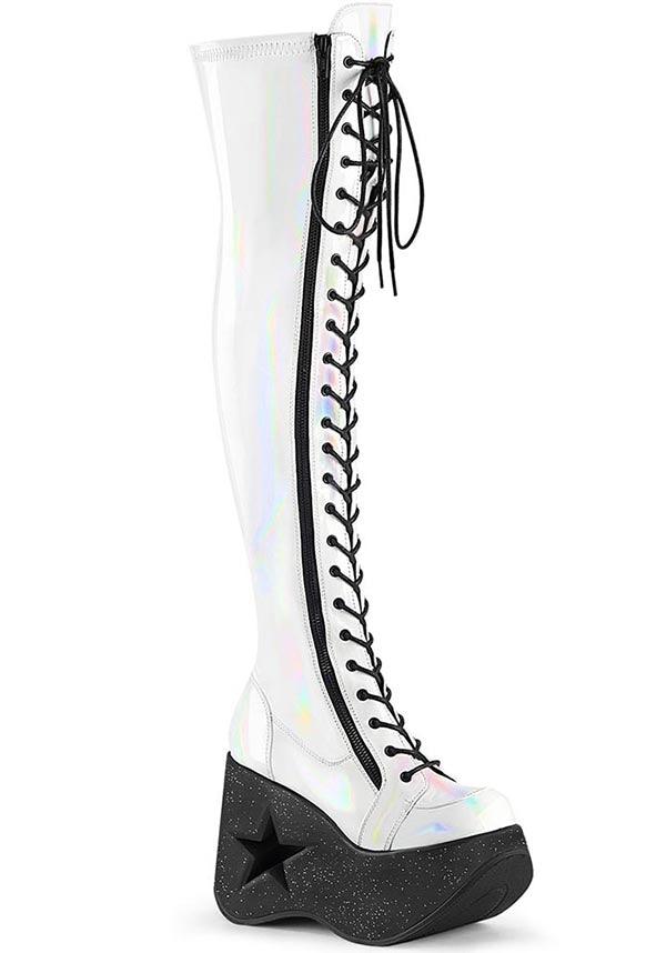 DYNAMITE-300 [White Stretch Holo] | PLATFORM BOOTS [PREORDER] - Beserk - all, black and white, boots, boots [preorder], clickfrenzy15-2023, demonia, demonia shoes, discountapp, fp, googleshopping, labelpreorder, labelvegan, long boots, platform, platform boots, platforms, platforms [preorder], ppo, preorder, shoes, thigh high boots, vegan, white