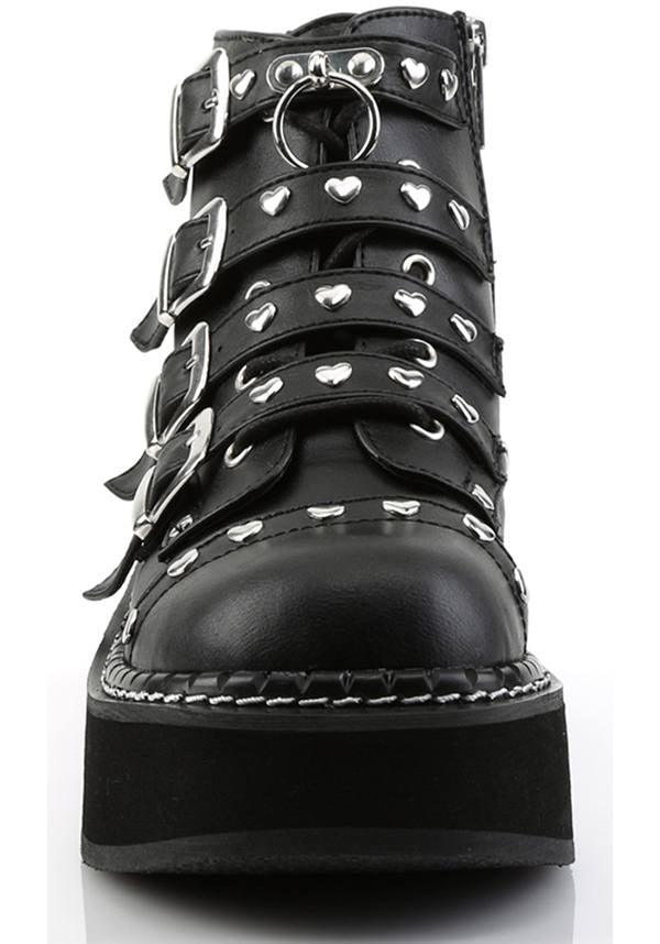 EMILY-315 [Black] | BOOTS [IN STOCK] - Beserk - all, black, boot, boots, boots [in stock], clickfrenzy15-2023, demonia, demonia shoes, discountapp, feb21, flats, flats [in stock], fp, goth, gothic, harajuku, heart studs, in stock, instock, jfashion, labelinstock, labelvegan, pastel goth, pleaserimageupdated, pleaserrestock, pricematched, punk, shoes, stud, studded, studs, techwear, vegan, winter