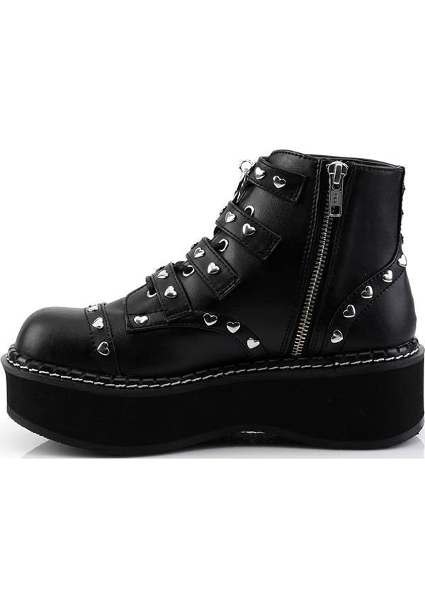 EMILY-315 [Black] | BOOTS [IN STOCK] - Beserk - all, black, boot, boots, boots [in stock], clickfrenzy15-2023, demonia, demonia shoes, discountapp, feb21, flats, flats [in stock], fp, goth, gothic, harajuku, heart studs, in stock, instock, jfashion, labelinstock, labelvegan, pastel goth, pleaserimageupdated, pleaserrestock, pricematched, punk, shoes, stud, studded, studs, techwear, vegan, winter