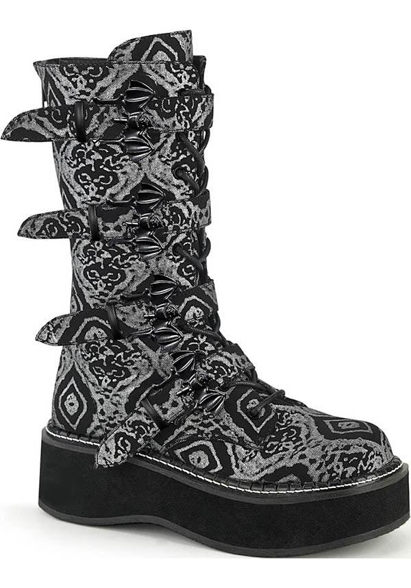EMILY-322 [Black/Silver] | BOOTS [PREORDER] - Beserk - all, bats, black, boot, boots, boots [preorder], clickfrenzy15-2023, discountapp, fp, goth, gothic, grunge, halloween, labelpreorder, labelvegan, mid calf boots, platform, platform boots, platforms, platforms [preorder], ppo, preorder, punk, shoes, silver, vegan