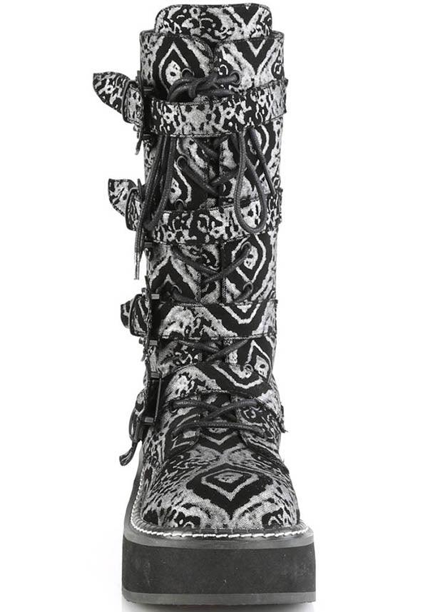 EMILY-322 [Black/Silver] | BOOTS [PREORDER] - Beserk - all, bats, black, boot, boots, boots [preorder], clickfrenzy15-2023, discountapp, fp, goth, gothic, grunge, halloween, labelpreorder, labelvegan, mid calf boots, platform, platform boots, platforms, platforms [preorder], ppo, preorder, punk, shoes, silver, vegan