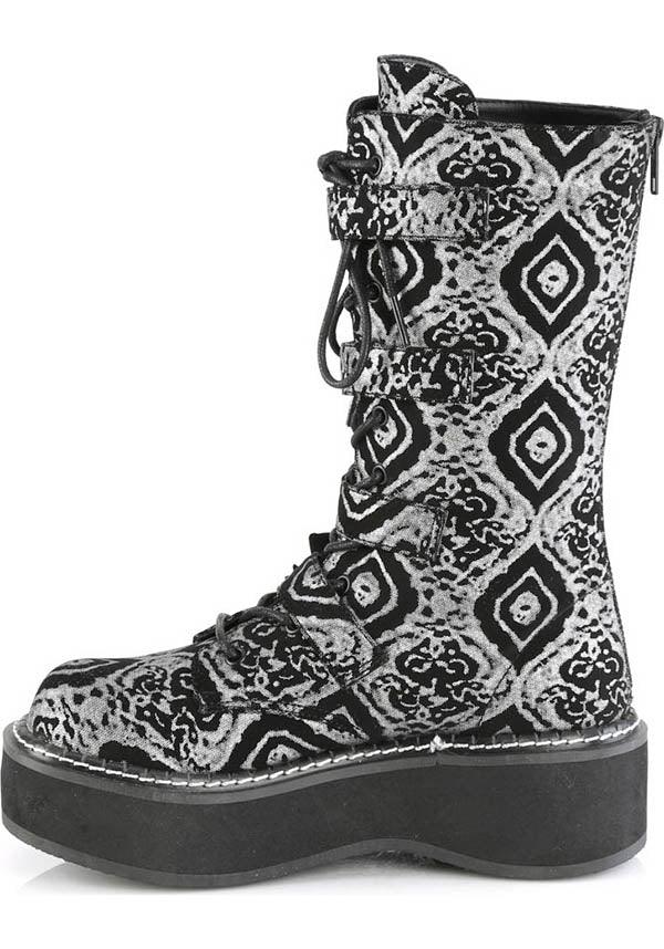 EMILY-322 [Black/Silver] | BOOTS [PREORDER] - Beserk - all, bats, black, boot, boots, boots [preorder], clickfrenzy15-2023, discountapp, fp, goth, gothic, grunge, halloween, labelpreorder, labelvegan, mid calf boots, platform, platform boots, platforms, platforms [preorder], ppo, preorder, punk, shoes, silver, vegan