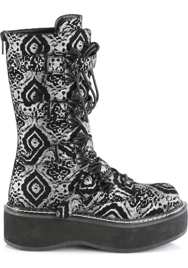 EMILY-322 [Black/Silver] | BOOTS [PREORDER] - Beserk - all, bats, black, boot, boots, boots [preorder], clickfrenzy15-2023, discountapp, fp, goth, gothic, grunge, halloween, labelpreorder, labelvegan, mid calf boots, platform, platform boots, platforms, platforms [preorder], ppo, preorder, punk, shoes, silver, vegan
