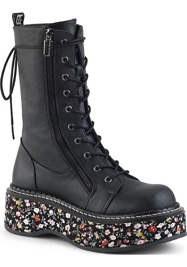 EMILY-350 [Black Floral] | BOOTS [PREORDER] - Beserk - all, ankle boots, black, boot, boots, boots [preorder], clickfrenzy15-2023, dec17, demonia, demonia shoes, discountapp, floral, fp, labelpreorder, labelvegan, mid calf boots, platform, platforms, platforms [preorder], pleaserimageupdated, ppo, preorder, shoes, vegan