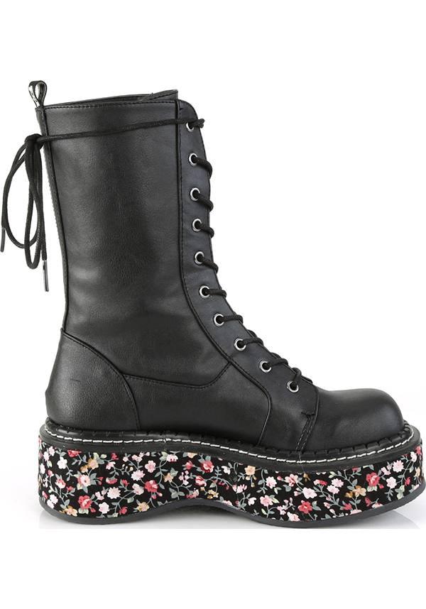 EMILY-350 [Black Floral] | BOOTS [PREORDER] - Beserk - all, ankle boots, black, boot, boots, boots [preorder], clickfrenzy15-2023, dec17, demonia, demonia shoes, discountapp, floral, fp, labelpreorder, labelvegan, mid calf boots, platform, platforms, platforms [preorder], pleaserimageupdated, ppo, preorder, shoes, vegan