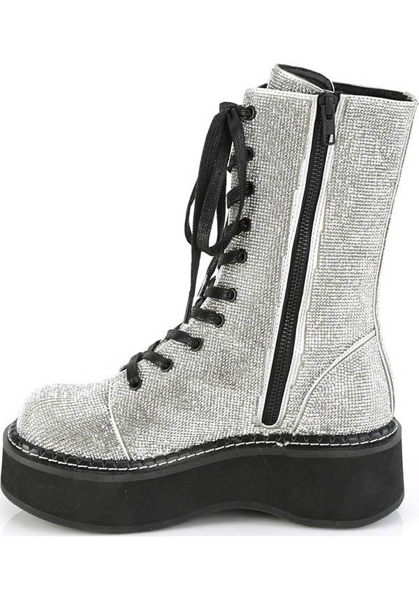 EMILY-362 [Silver Rhinestone] | PLATFORM BOOTS [PREORDER] - Beserk - all, all ladies, boots, boots [preorder], clickfrenzy15-2023, demonia, demonia shoes, diamante, diamond, diamonte, discountapp, fp, labelpreorder, labelvegan, ladies, platform boots, platforms, platforms [preorder], ppo, preorder, rhinestone, shoes, silver, vegan
