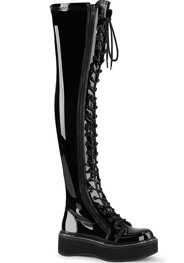 EMILY-375 [Black Patent] | BOOTS [PREORDER] - Beserk - all, black, boot, boots, boots [preorder], clickfrenzy15-2023, demonia, demonia shoes, discountapp, fp, goth, gothic, knee high, labelpreorder, labelvegan, long, long boots, may19, patent, pleaserimageupdated, ppo, preorder, shiny, shoes, thigh high, vegan