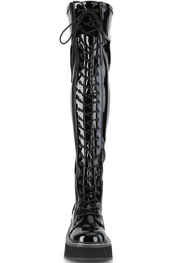 EMILY-375 [Black Patent] | BOOTS [PREORDER] - Beserk - all, black, boot, boots, boots [preorder], clickfrenzy15-2023, demonia, demonia shoes, discountapp, fp, goth, gothic, knee high, labelpreorder, labelvegan, long, long boots, may19, patent, pleaserimageupdated, ppo, preorder, shiny, shoes, thigh high, vegan