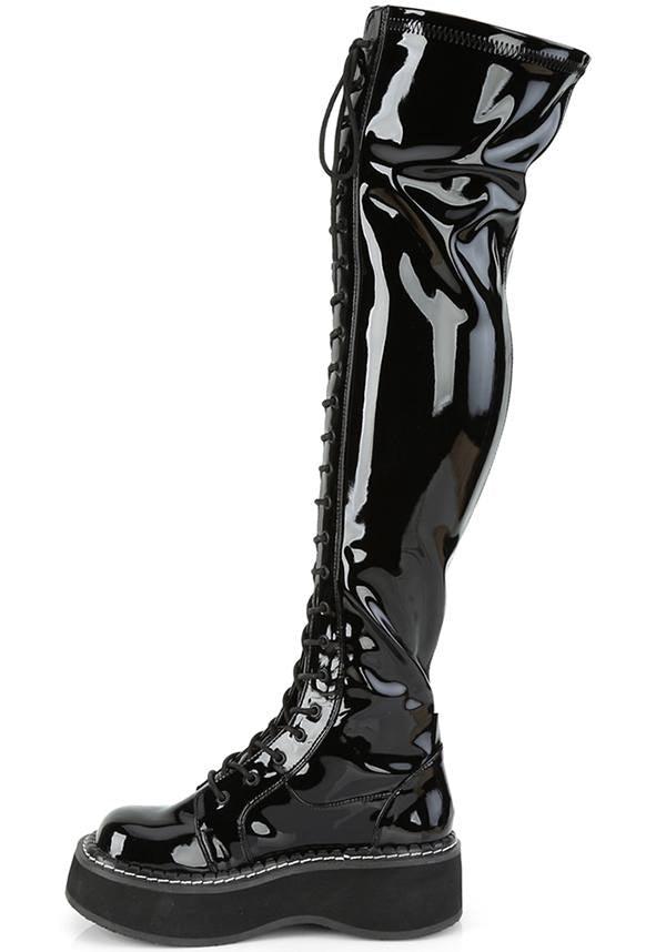 EMILY-375 [Black Patent] | BOOTS [PREORDER] - Beserk - all, black, boot, boots, boots [preorder], clickfrenzy15-2023, demonia, demonia shoes, discountapp, fp, goth, gothic, knee high, labelpreorder, labelvegan, long, long boots, may19, patent, pleaserimageupdated, ppo, preorder, shiny, shoes, thigh high, vegan