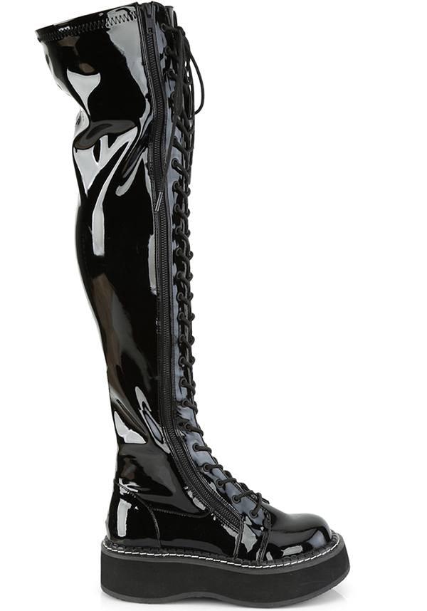 EMILY-375 [Black Patent] | BOOTS [PREORDER] - Beserk - all, black, boot, boots, boots [preorder], clickfrenzy15-2023, demonia, demonia shoes, discountapp, fp, goth, gothic, knee high, labelpreorder, labelvegan, long, long boots, may19, patent, pleaserimageupdated, ppo, preorder, shiny, shoes, thigh high, vegan