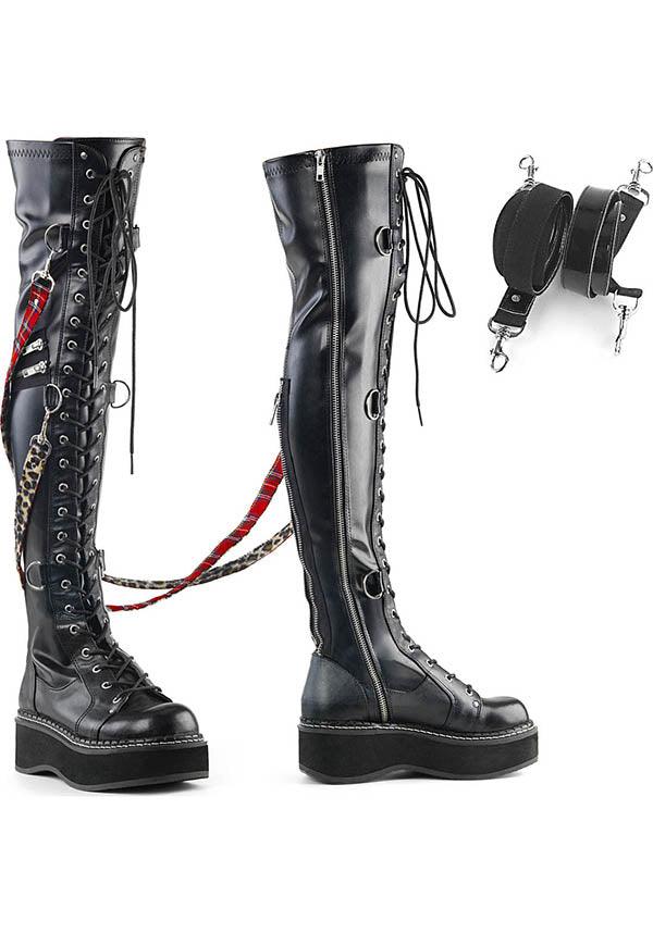 EMILY-377 [Black] | BOOTS [PREORDER] - Beserk - all, black, boots, boots [preorder], clickfrenzy15-2023, demonia, demonia shoes, discountapp, fp, goth, gothic, jun18, labelpreorder, labelvegan, lace up, long, pleaserimageupdated, ppo, preorder, punk, shoes, tartan, vegan