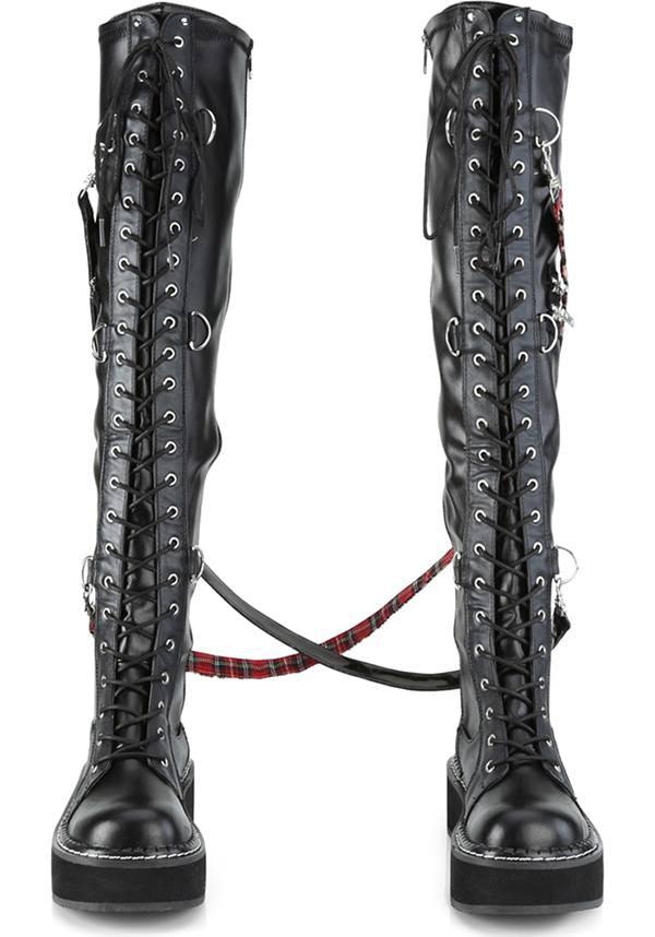 EMILY-377 [Black] | BOOTS [PREORDER] - Beserk - all, black, boots, boots [preorder], clickfrenzy15-2023, demonia, demonia shoes, discountapp, fp, goth, gothic, jun18, labelpreorder, labelvegan, lace up, long, pleaserimageupdated, ppo, preorder, punk, shoes, tartan, vegan