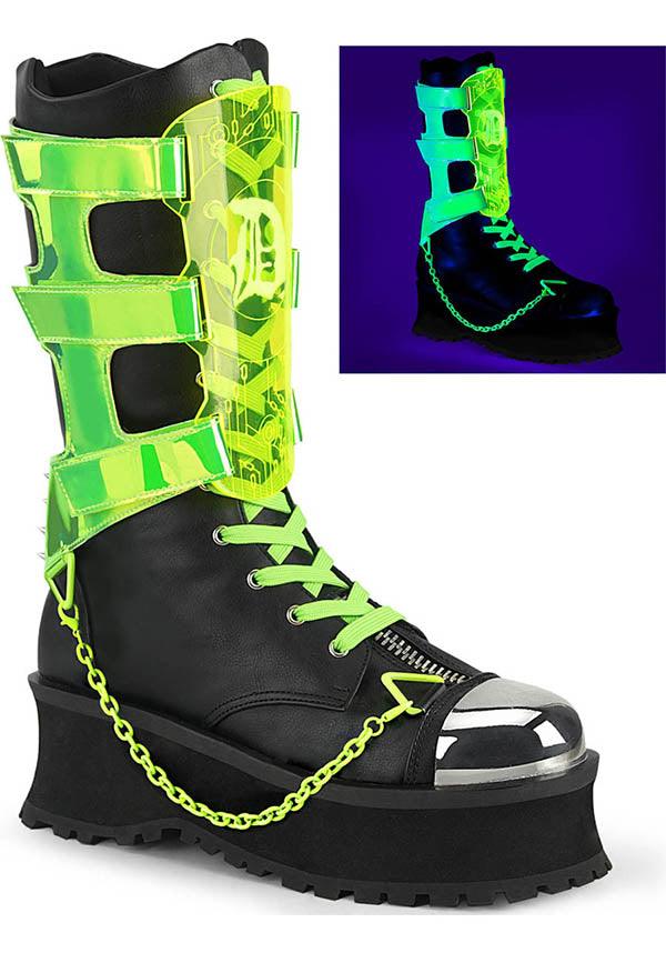 GRAVEDIGGER-255 [Black] | PLATFORM BOOTS [PREORDER] - Beserk - all, all ladies, black, boots, boots [preorder], clickfrenzy15-2023, demonia, demonia shoes, discountapp, fp, glow in the dark, goth, gothic, green, labelpreorder, labeluvreactive, labelvegan, ladies, mens shoes, platform boots, platforms, platforms [preorder], ppo, preorder, shoes, uv, uv reactive, uv_reactive, uvreactive, vegan