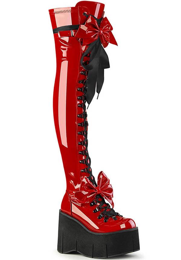 KERA-303 [Red Patent] | PLATFORM BOOTS [PREORDER] - Beserk - all, boots, boots [preorder], bow, clickfrenzy15-2023, demonia, demonia shoes, discountapp, fp, knee high boots, labelpreorder, labelvegan, long boots, platform boots, platforms, platforms [preorder], ppo, preorder, red, shoes, thigh high boots, vegan