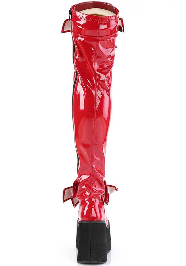 KERA-303 [Red Patent] | PLATFORM BOOTS [PREORDER] - Beserk - all, boots, boots [preorder], bow, clickfrenzy15-2023, demonia, demonia shoes, discountapp, fp, knee high boots, labelpreorder, labelvegan, long boots, platform boots, platforms, platforms [preorder], ppo, preorder, red, shoes, thigh high boots, vegan