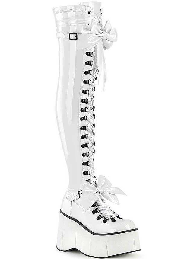 KERA-303 [White Patent] | PLATFORM BOOTS [PREORDER] - Beserk - all, all ladies, boots, boots [preorder], bow, clickfrenzy15-2023, demonia, demonia shoes, discountapp, fp, labelpreorder, labelvegan, ladies, pastel goth, patent, platforms, platforms [preorder], ppo, preorder, shoes, thigh high, vegan, white