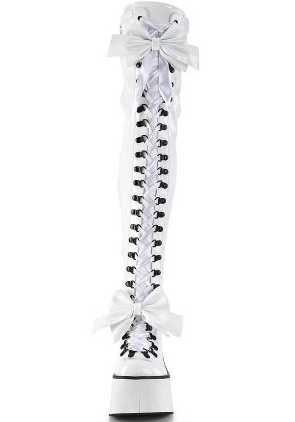 KERA-303 [White Patent] | PLATFORM BOOTS [PREORDER] - Beserk - all, all ladies, boots, boots [preorder], bow, clickfrenzy15-2023, demonia, demonia shoes, discountapp, fp, labelpreorder, labelvegan, ladies, pastel goth, patent, platforms, platforms [preorder], ppo, preorder, shoes, thigh high, vegan, white