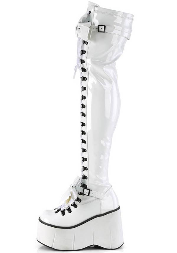 KERA-303 [White Patent] | PLATFORM BOOTS [PREORDER] - Beserk - all, all ladies, boots, boots [preorder], bow, clickfrenzy15-2023, demonia, demonia shoes, discountapp, fp, labelpreorder, labelvegan, ladies, pastel goth, patent, platforms, platforms [preorder], ppo, preorder, shoes, thigh high, vegan, white