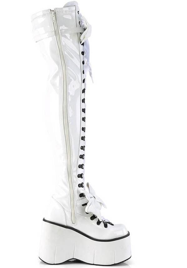 KERA-303 [White Patent] | PLATFORM BOOTS [PREORDER] - Beserk - all, all ladies, boots, boots [preorder], bow, clickfrenzy15-2023, demonia, demonia shoes, discountapp, fp, labelpreorder, labelvegan, ladies, pastel goth, patent, platforms, platforms [preorder], ppo, preorder, shoes, thigh high, vegan, white