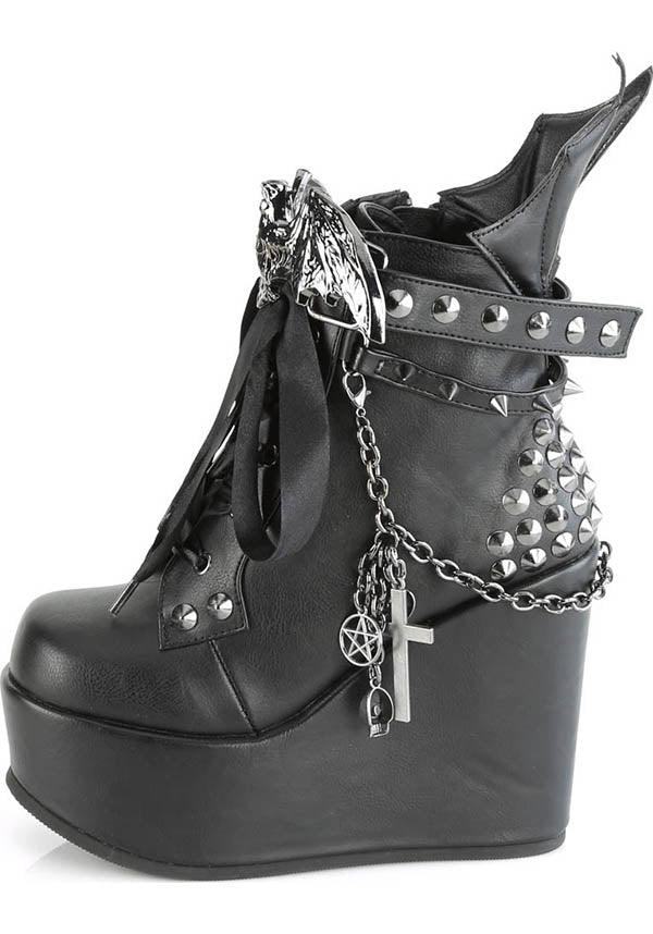 POISON-107 [Black] | PLATFORM BOOTS [PREORDER] - Beserk - all, all ladies, bat, bats, black, boots, boots [preorder], clickfrenzy15-2023, cross, demonia, demonia shoes, discountapp, fp, goth, gothic, heels, heels [preorder], labelpreorder, labelvegan, ladies, pentagram, platform heels, platforms, platforms [preorder], ppo, preorder, shoes, stud, studded, studs, vegan