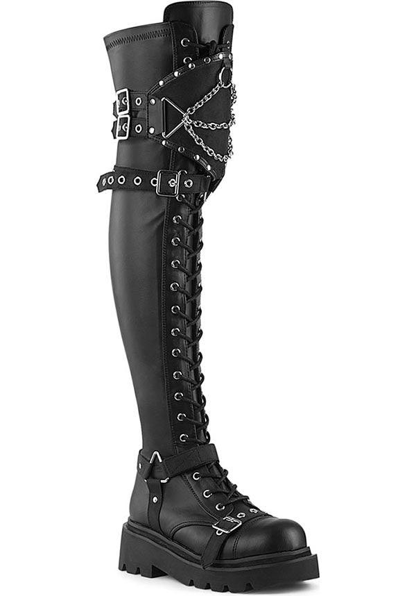 RENEGADE-320 [Black Stretch Vegan Leather] | BOOTS [PREORDER] - Beserk - all, black, boots, boots [preorder], clickfrenzy15-2023, demonia, demonia shoes, discountapp, fp, googleshopping, goth, gothic, knee high boots, labelpreorder, labelvegan, lace up, long boots, ppo, preorder, shoes, thigh high boots, vegan