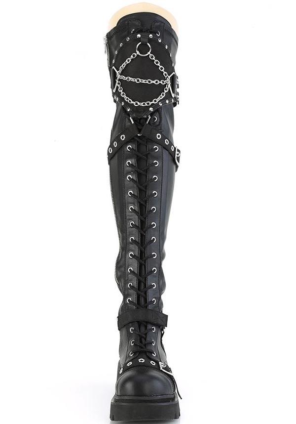 RENEGADE-320 [Black Stretch Vegan Leather] | BOOTS [PREORDER] - Beserk - all, black, boots, boots [preorder], clickfrenzy15-2023, demonia, demonia shoes, discountapp, fp, googleshopping, goth, gothic, knee high boots, labelpreorder, labelvegan, lace up, long boots, ppo, preorder, shoes, thigh high boots, vegan