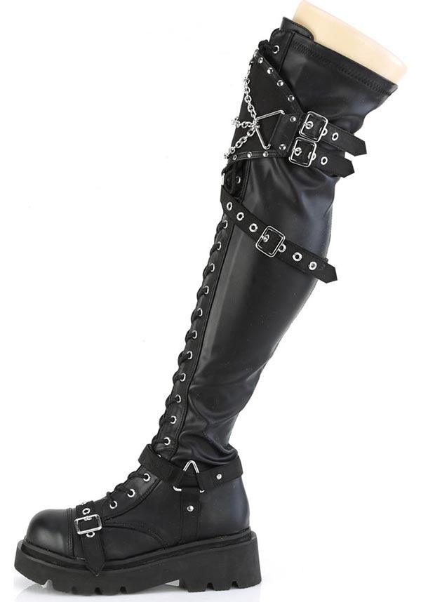RENEGADE-320 [Black Stretch Vegan Leather] | BOOTS [PREORDER] - Beserk - all, black, boots, boots [preorder], clickfrenzy15-2023, demonia, demonia shoes, discountapp, fp, googleshopping, goth, gothic, knee high boots, labelpreorder, labelvegan, lace up, long boots, ppo, preorder, shoes, thigh high boots, vegan