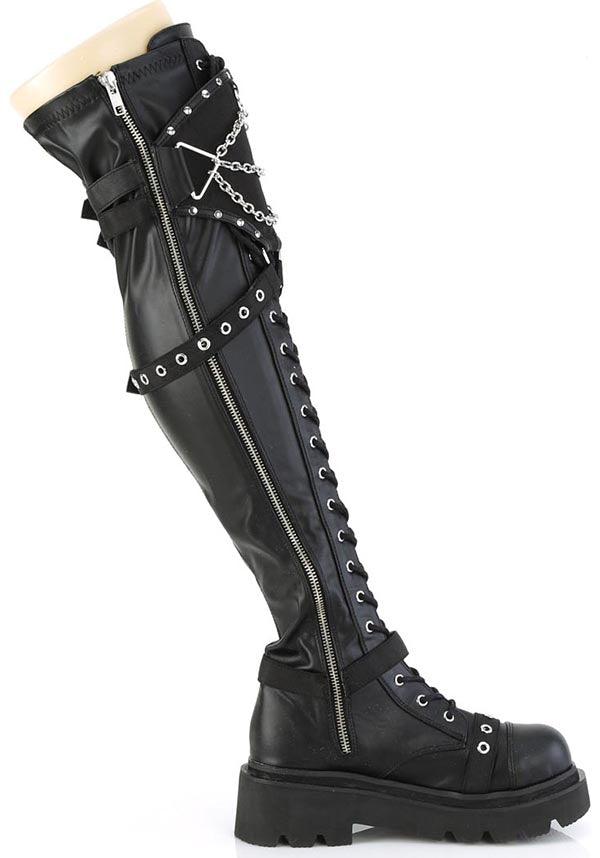 RENEGADE-320 [Black Stretch Vegan Leather] | BOOTS [PREORDER] - Beserk - all, black, boots, boots [preorder], clickfrenzy15-2023, demonia, demonia shoes, discountapp, fp, googleshopping, goth, gothic, knee high boots, labelpreorder, labelvegan, lace up, long boots, ppo, preorder, shoes, thigh high boots, vegan