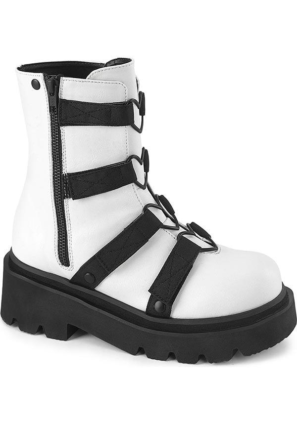 RENEGADE-50 [White Vegan Leather-Nylon] | BOOTS [PREORDER] - Beserk - all, ankle boots, black and white, boots, boots [preorder], clickfrenzy15-2023, demonia, demonia shoes, discountapp, fp, googleshopping, heart, labelpreorder, labelvegan, pastel goth, ppo, preorder, shoes, vegan, white