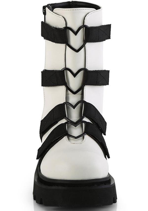 RENEGADE-50 [White Vegan Leather-Nylon] | BOOTS [PREORDER] - Beserk - all, ankle boots, black and white, boots, boots [preorder], clickfrenzy15-2023, demonia, demonia shoes, discountapp, fp, googleshopping, heart, labelpreorder, labelvegan, pastel goth, ppo, preorder, shoes, vegan, white