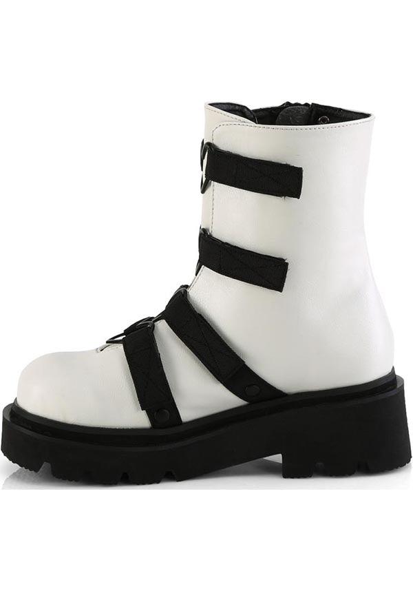 RENEGADE-50 [White Vegan Leather-Nylon] | BOOTS [PREORDER] - Beserk - all, ankle boots, black and white, boots, boots [preorder], clickfrenzy15-2023, demonia, demonia shoes, discountapp, fp, googleshopping, heart, labelpreorder, labelvegan, pastel goth, ppo, preorder, shoes, vegan, white