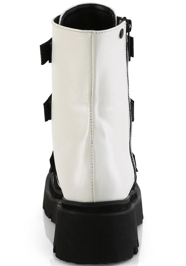 RENEGADE-50 [White Vegan Leather-Nylon] | BOOTS [PREORDER] - Beserk - all, ankle boots, black and white, boots, boots [preorder], clickfrenzy15-2023, demonia, demonia shoes, discountapp, fp, googleshopping, heart, labelpreorder, labelvegan, pastel goth, ppo, preorder, shoes, vegan, white