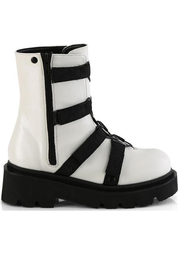 RENEGADE-50 [White Vegan Leather-Nylon] | BOOTS [PREORDER] - Beserk - all, ankle boots, black and white, boots, boots [preorder], clickfrenzy15-2023, demonia, demonia shoes, discountapp, fp, googleshopping, heart, labelpreorder, labelvegan, pastel goth, ppo, preorder, shoes, vegan, white