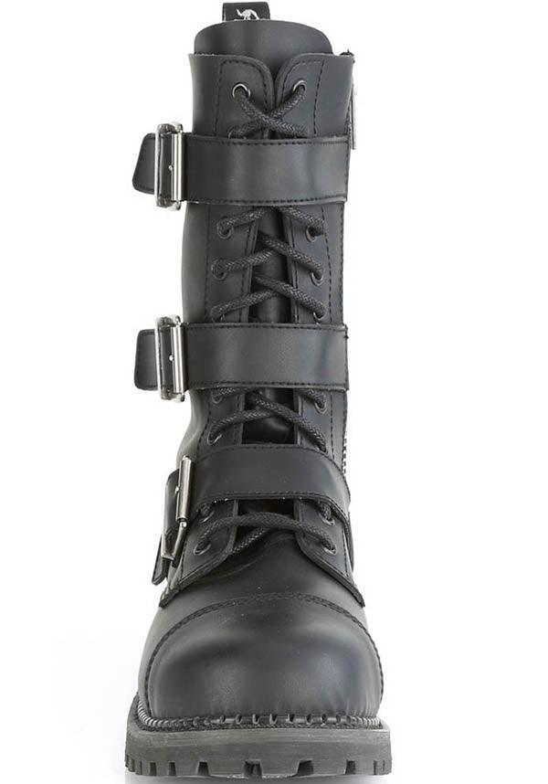 RIOT-12BK [Black] | BOOTS [PREORDER] - Beserk - all, black, boots, boots [preorder], buckles, clickfrenzy15-2023, demonia, demonia shoes, discountapp, flats, flats [preorder], fp, goth, gothic, labelpreorder, labelvegan, men, mens shoes, pleaserimageupdated, ppo, preorder, shoes, steel cap, steel toe, unisex, vegan