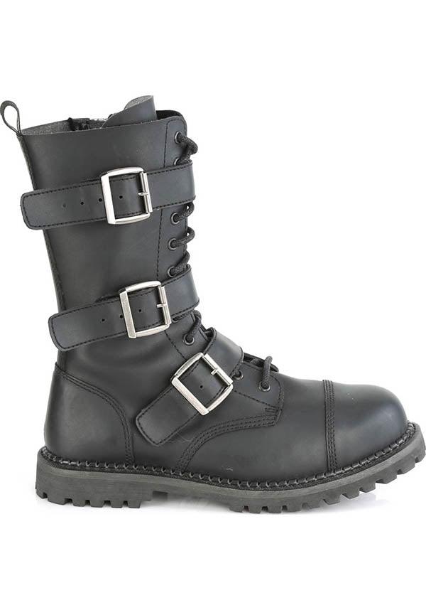 RIOT-12BK [Black] | BOOTS [PREORDER] - Beserk - all, black, boots, boots [preorder], buckles, clickfrenzy15-2023, demonia, demonia shoes, discountapp, flats, flats [preorder], fp, goth, gothic, labelpreorder, labelvegan, men, mens shoes, pleaserimageupdated, ppo, preorder, shoes, steel cap, steel toe, unisex, vegan