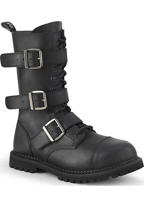 RIOT-12BK [Black] | BOOTS [PREORDER] - Beserk - all, black, boots, boots [preorder], buckles, clickfrenzy15-2023, demonia, demonia shoes, discountapp, flats, flats [preorder], fp, goth, gothic, labelpreorder, labelvegan, men, mens shoes, pleaserimageupdated, ppo, preorder, shoes, steel cap, steel toe, unisex, vegan