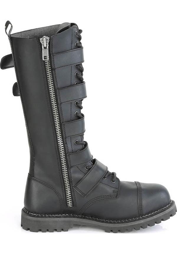 RIOT-18BK [Black] | BOOTS [PREORDER] - Beserk - all, black, boots, boots [preorder], buckles, clickfrenzy15-2023, demonia, demonia shoes, discountapp, flats, flats [preorder], fp, knee high, labelpreorder, labelvegan, pleaserimageupdated, ppo, preorder, shoes, vegan