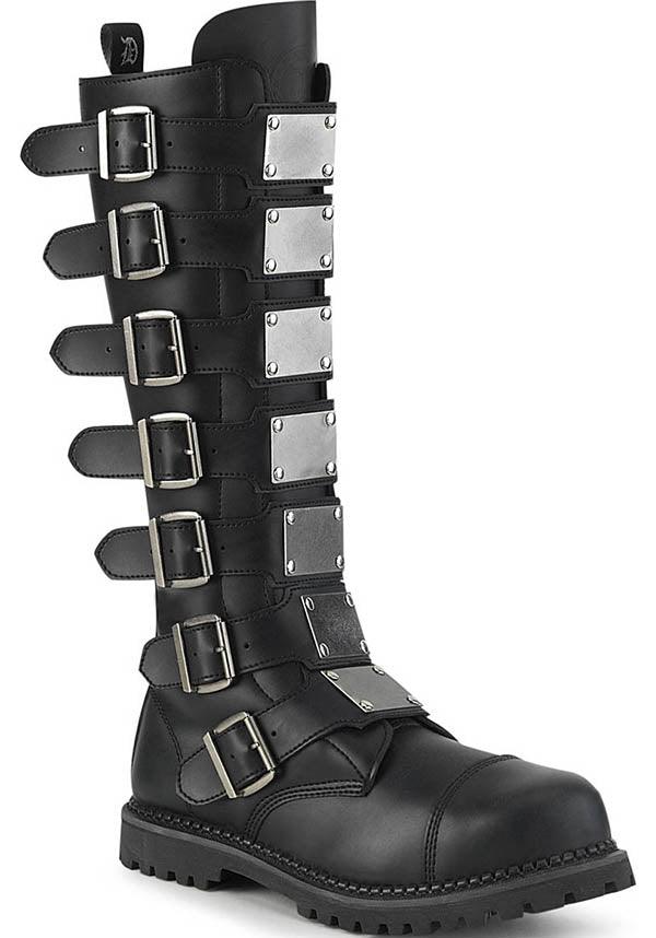 RIOT-21MP [Black] | BOOTS [PREORDER] - Beserk - all, black, boots, boots [preorder], buckles, clickfrenzy15-2023, demonia, demonia shoes, discountapp, flats, flats [preorder], fp, goth, gothic, knee high, labelpreorder, labelvegan, panels, pleaserimageupdated, ppo, preorder, pricematched, shoes, vegan