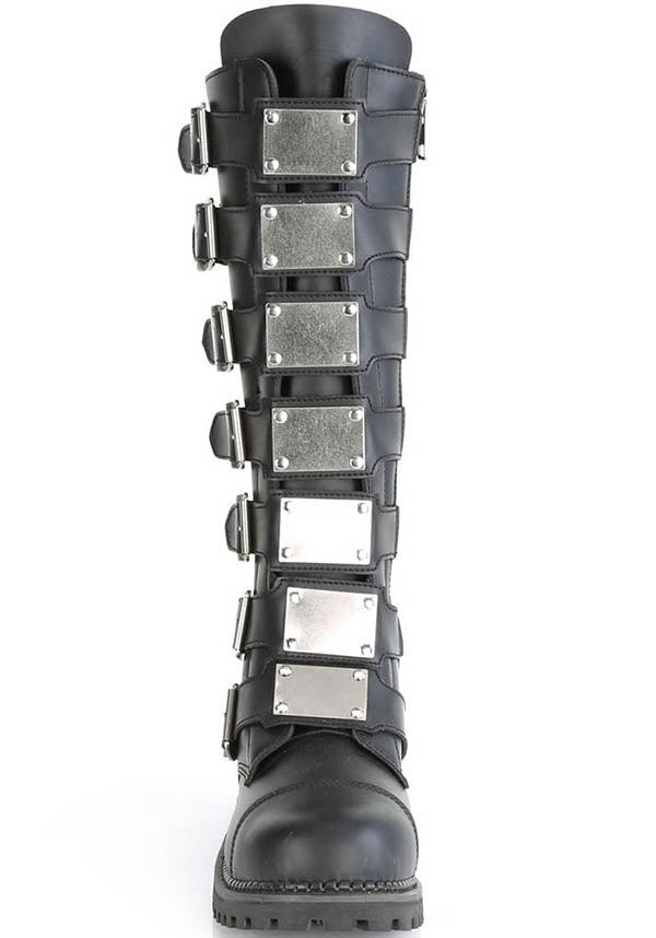 RIOT-21MP [Black] | BOOTS [PREORDER] - Beserk - all, black, boots, boots [preorder], buckles, clickfrenzy15-2023, demonia, demonia shoes, discountapp, flats, flats [preorder], fp, goth, gothic, knee high, labelpreorder, labelvegan, panels, pleaserimageupdated, ppo, preorder, pricematched, shoes, vegan