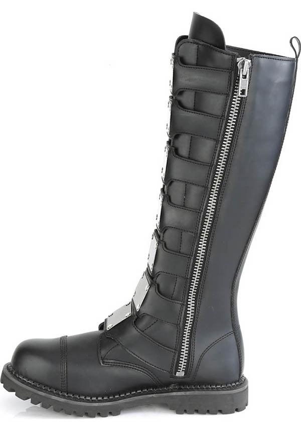 RIOT-21MP [Black] | BOOTS [PREORDER] - Beserk - all, black, boots, boots [preorder], buckles, clickfrenzy15-2023, demonia, demonia shoes, discountapp, flats, flats [preorder], fp, goth, gothic, knee high, labelpreorder, labelvegan, panels, pleaserimageupdated, ppo, preorder, pricematched, shoes, vegan