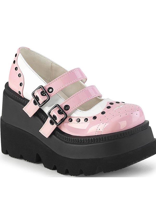 SHAKER-27 [Baby Pink-White Patent] | PLATFORMS [PREORDER] - Beserk - all, clickfrenzy15-2023, colour:pink, demonia, demonia shoes, discountapp, fp, googleshopping, labelpreorder, labelvegan, pastel goth, pastel pink, pink, platform, platforms, platforms [preorder], ppo, preorder, shoes, vegan, wedge, wedges