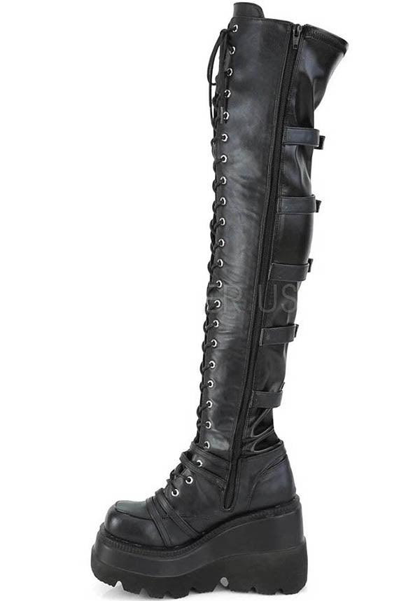 SHAKER-350 [Black] | PLATFORM BOOTS [PREORDER] - Beserk - all, black, boots, boots [preorder], clickfrenzy15-2023, demonia, demonia shoes, discountapp, fp, labelpreorder, labelvegan, lace up, ladies, nov18, platforms, platforms [preorder], pleaserimageupdated, ppo, preorder, shoes, thigh high, vegan