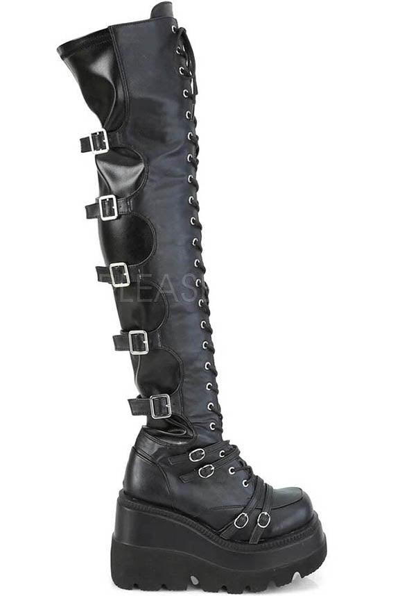 SHAKER-350 [Black] | PLATFORM BOOTS [PREORDER] - Beserk - all, black, boots, boots [preorder], clickfrenzy15-2023, demonia, demonia shoes, discountapp, fp, labelpreorder, labelvegan, lace up, ladies, nov18, platforms, platforms [preorder], pleaserimageupdated, ppo, preorder, shoes, thigh high, vegan
